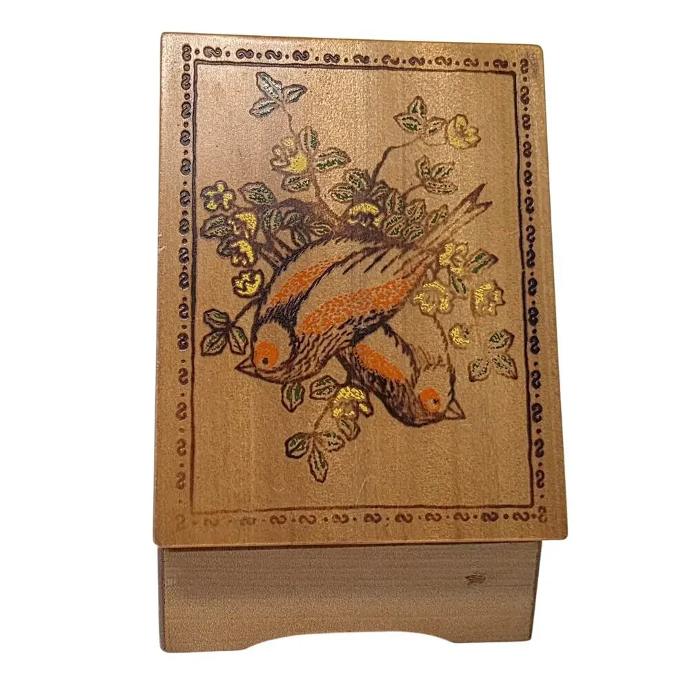 Vintage Sankyo Music Box Love Story Theme Wooden Jewelry Trinket Box Birds